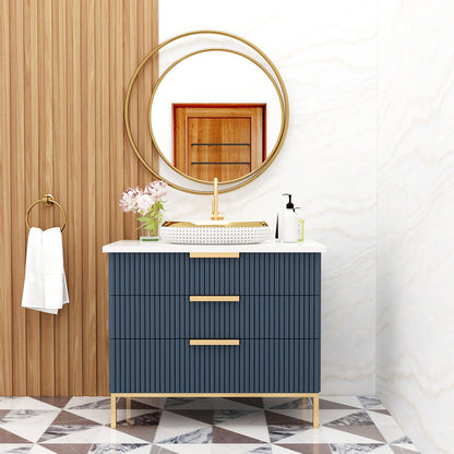 Modern Compact Vanity with Corian Top – Water-Resistant PHDHMR Cabinet with 3 Storage Drawers & Painted MS Legs – Blue & Brown Floor-Standing Bathroom Vanity - Z2026