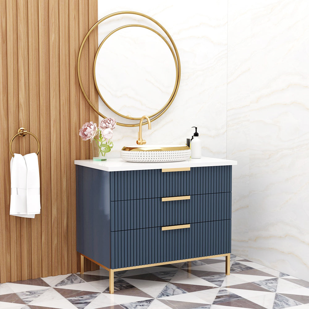 Modern Compact Vanity with Corian Top – Water-Resistant PHDHMR Cabinet with 3 Storage Drawers & Painted MS Legs – Blue & Brown Floor-Standing Bathroom Vanity - Z2026
