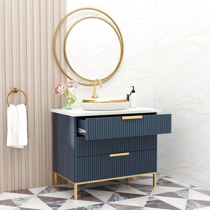 Modern Compact Vanity with Corian Top – Water-Resistant PHDHMR Cabinet with 3 Storage Drawers & Painted MS Legs – Blue & Brown Floor-Standing Bathroom Vanity - Z2026