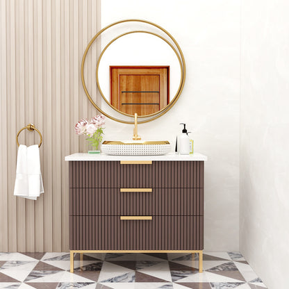 Modern Compact Vanity with Corian Top – Water-Resistant PHDHMR Cabinet with 3 Storage Drawers & Painted MS Legs – Blue & Brown Floor-Standing Bathroom Vanity - Z2026
