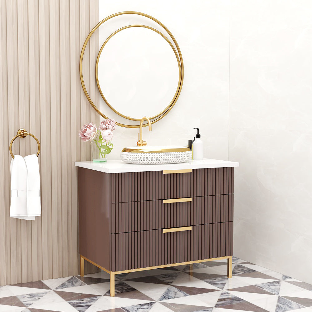 Modern Compact Vanity with Corian Top – Water-Resistant PHDHMR Cabinet with 3 Storage Drawers & Painted MS Legs – Blue & Brown Floor-Standing Bathroom Vanity - Z2026