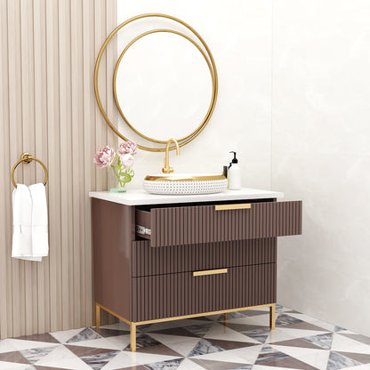 Modern Compact Vanity with Corian Top – Water-Resistant PHDHMR Cabinet with 3 Storage Drawers & Painted MS Legs – Blue & Brown Floor-Standing Bathroom Vanity - Z2026