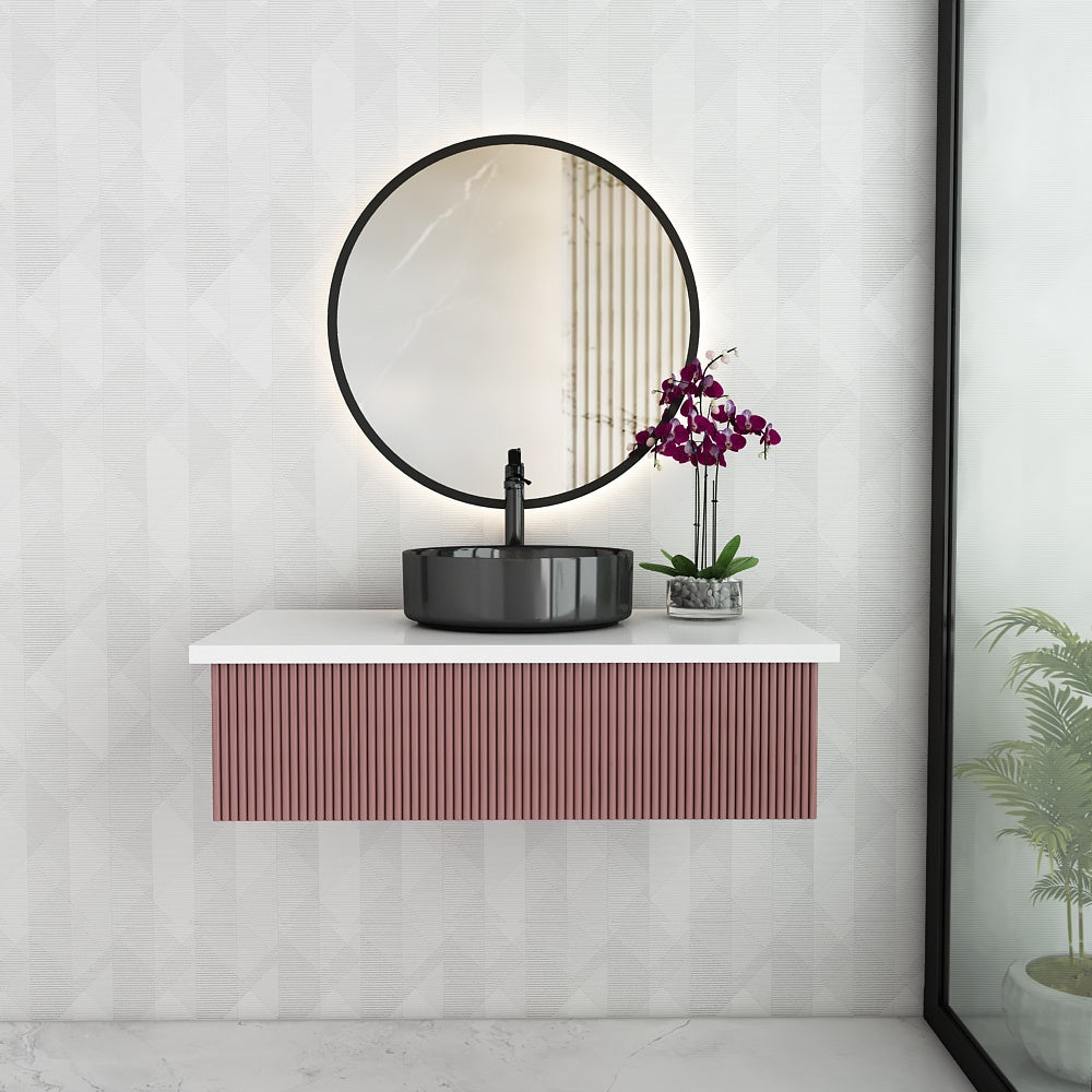 Modern Wall Mounted Vanity with Corian Top – Compact Water-Resistant Design in Dusty Pink & Blue | PHDHMR Board & MS Frame | 1 Storage Drawer for Homes - Z2032