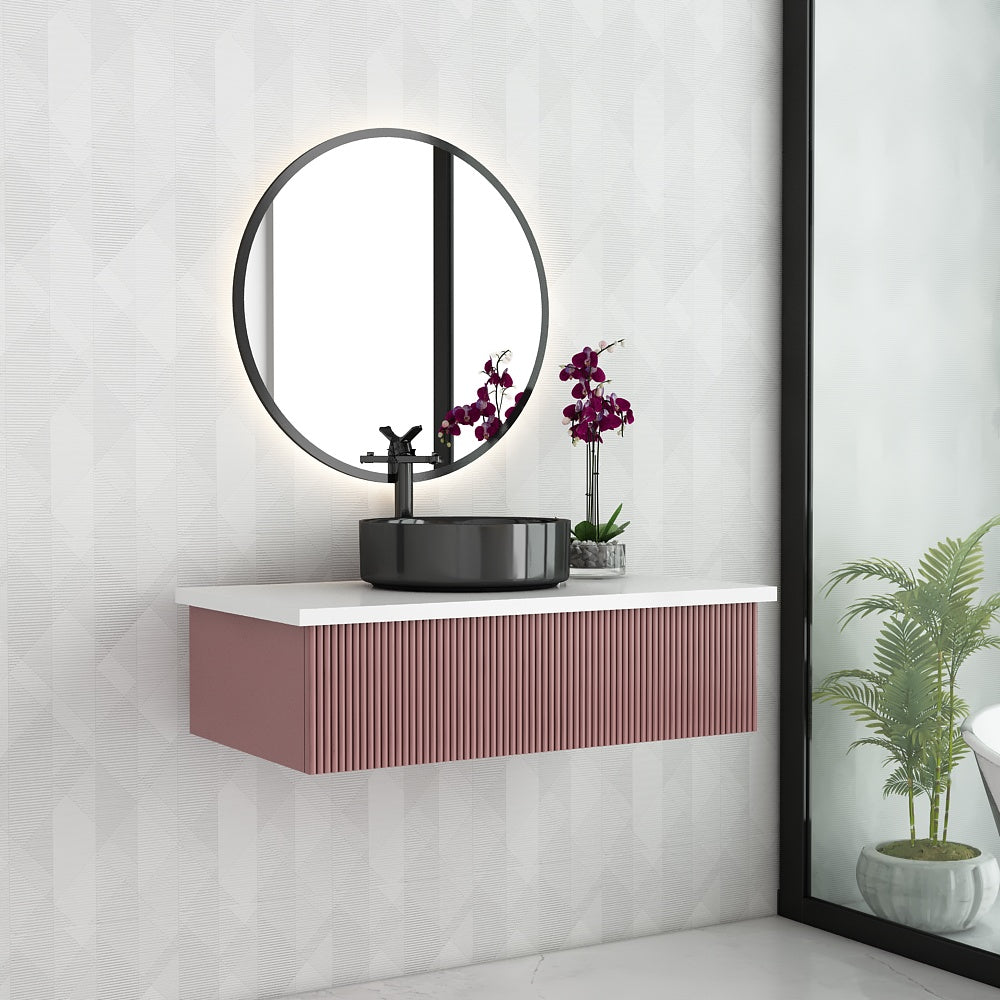 Modern Wall Mounted Vanity with Corian Top – Compact Water-Resistant Design in Dusty Pink & Blue | PHDHMR Board & MS Frame | 1 Storage Drawer for Homes - Z2032
