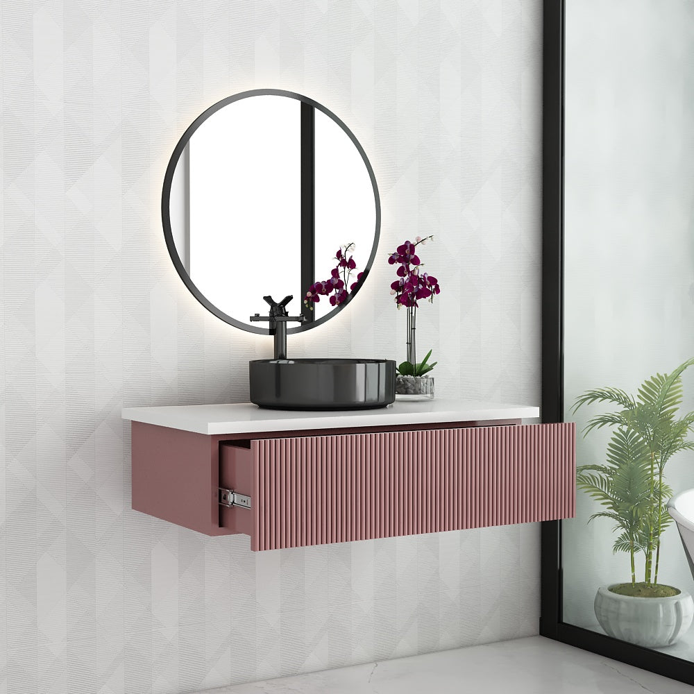 Modern Wall Mounted Vanity with Corian Top – Compact Water-Resistant Design in Dusty Pink & Blue | PHDHMR Board & MS Frame | 1 Storage Drawer for Homes - Z2032
