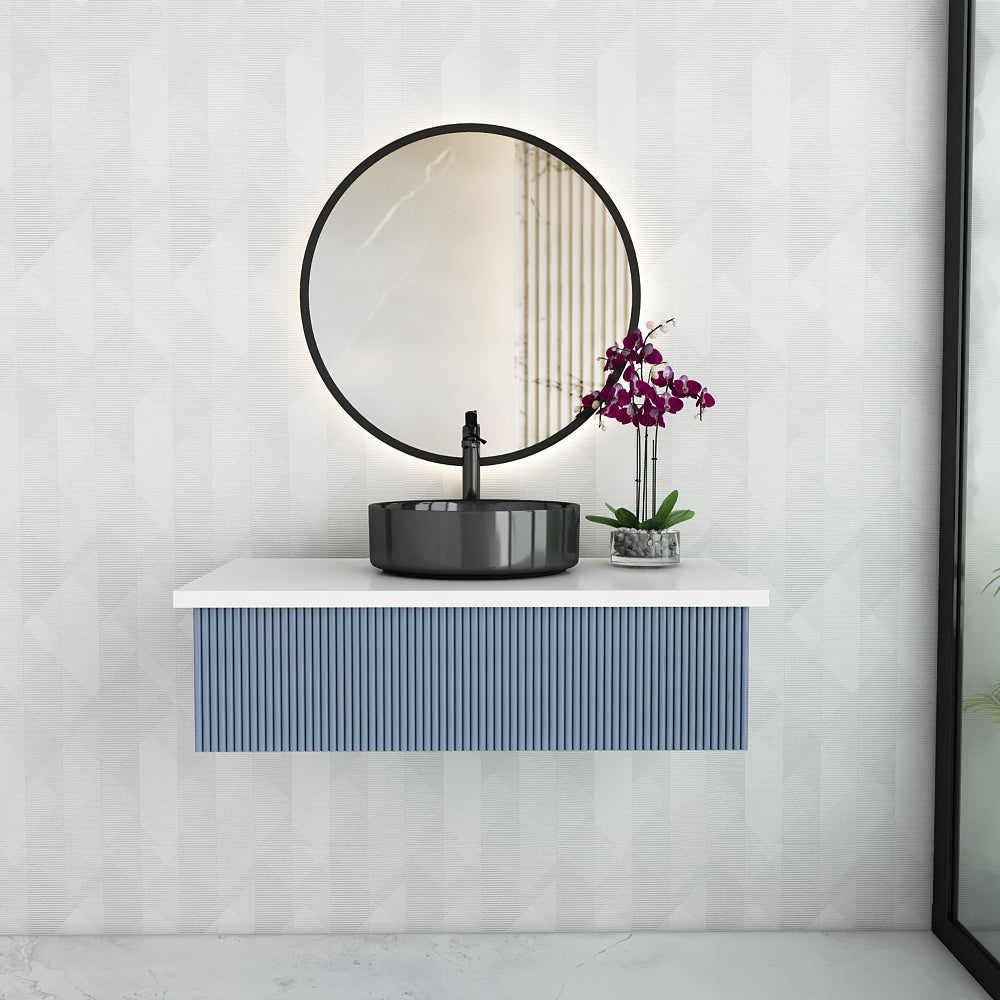 Modern Wall Mounted Vanity with Corian Top – Compact Water-Resistant Design in Dusty Pink & Blue | PHDHMR Board & MS Frame | 1 Storage Drawer for Homes - Z2032