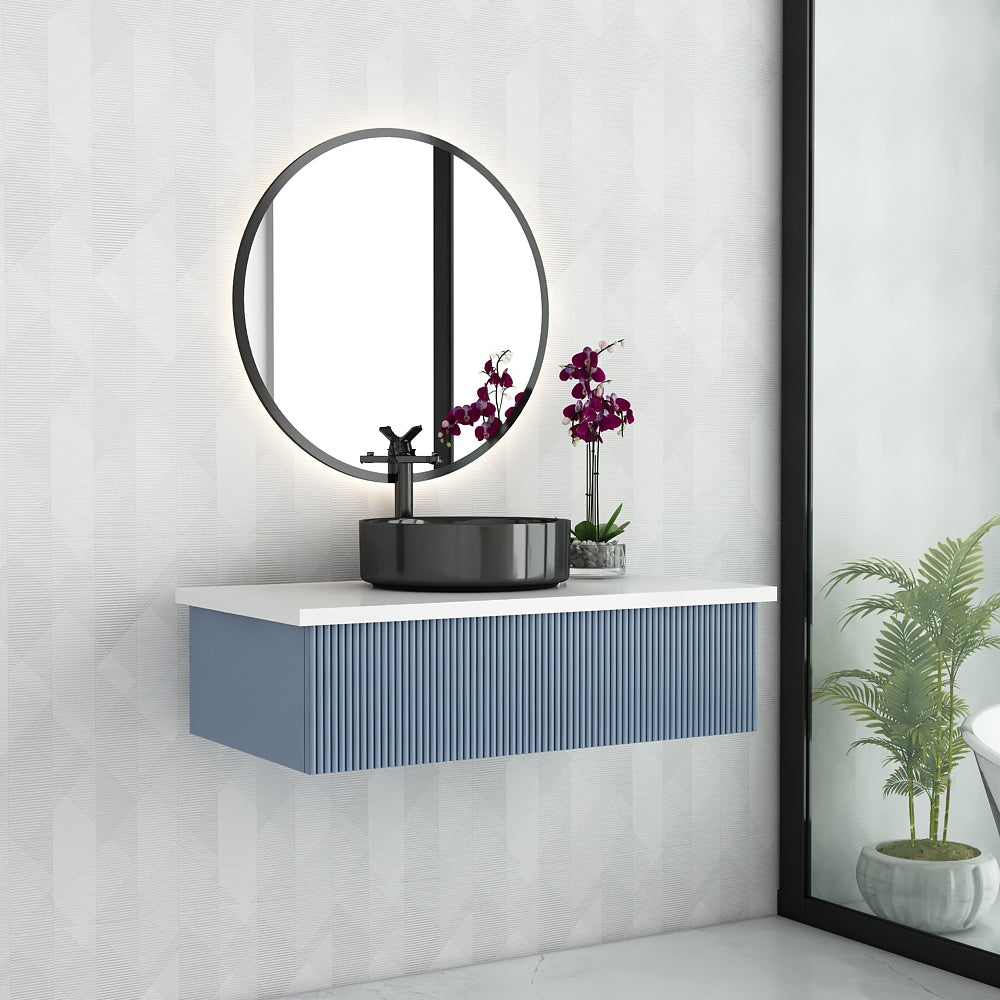 Modern Wall Mounted Vanity with Corian Top – Compact Water-Resistant Design in Dusty Pink & Blue | PHDHMR Board & MS Frame | 1 Storage Drawer for Homes - Z2032