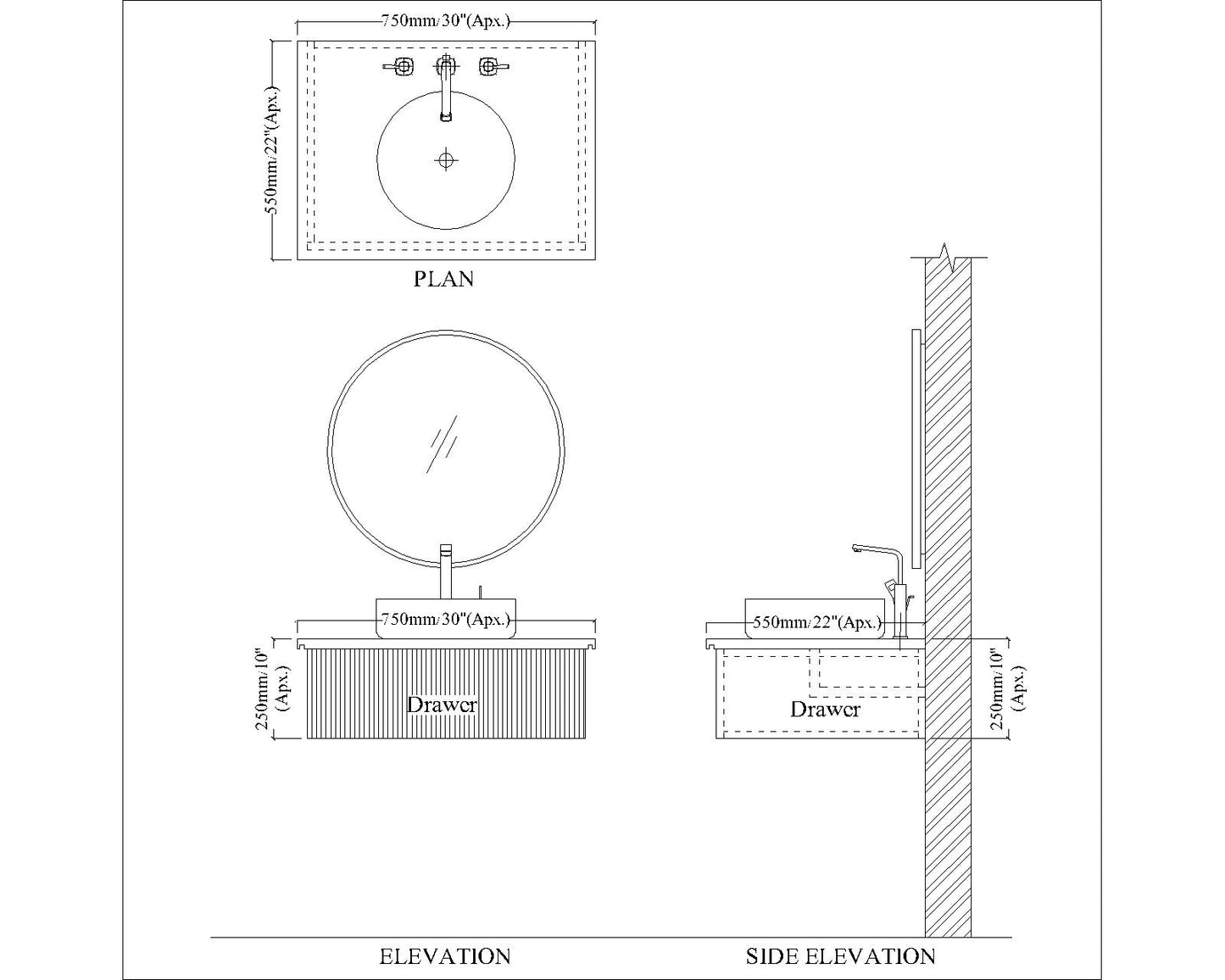 Modern Wall Mounted Vanity with Corian Top – Compact Water-Resistant Design in Dusty Pink & Blue | PHDHMR Board & MS Frame | 1 Storage Drawer for Homes - Z2032