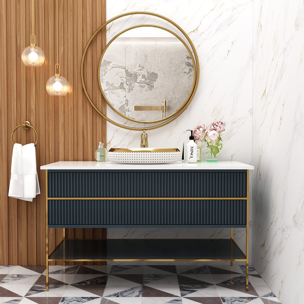 Modern Floor-Standing Vanity with Corian Top – Dusty Pink & Navy Blue | 2 Drawers, Open Shelf, Water-Resistant, MS Legs – Compact Home Vanity - Z2034