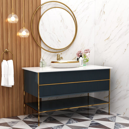 Modern Floor-Standing Vanity with Corian Top – Dusty Pink & Navy Blue | 2 Drawers, Open Shelf, Water-Resistant, MS Legs – Compact Home Vanity - Z2034