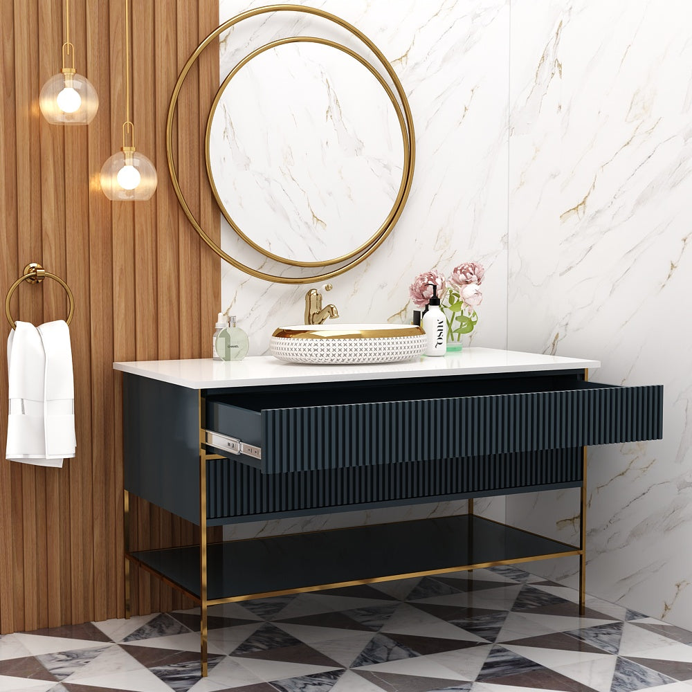 Modern Floor-Standing Vanity with Corian Top – Dusty Pink & Navy Blue | 2 Drawers, Open Shelf, Water-Resistant, MS Legs – Compact Home Vanity - Z2034