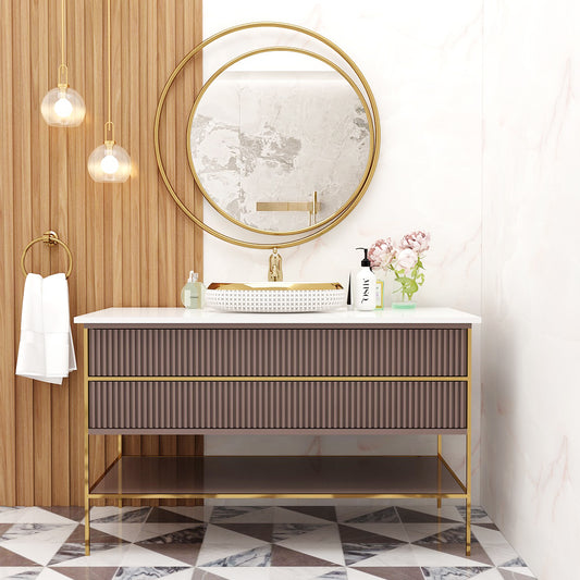 Modern Floor-Standing Vanity with Corian Top – Dusty Pink & Navy Blue | 2 Drawers, Open Shelf, Water-Resistant, MS Legs – Compact Home Vanity - Z2034