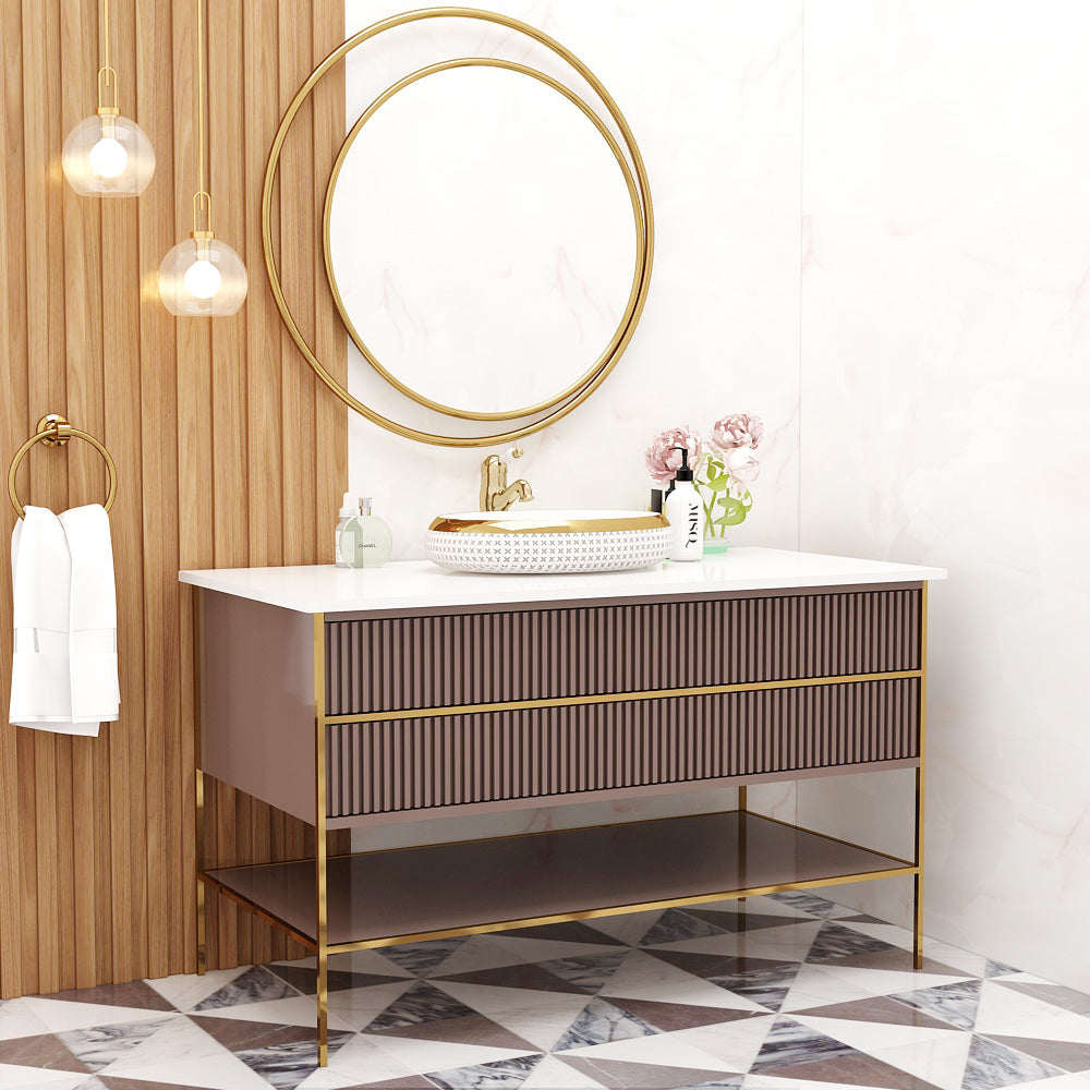 Modern Floor-Standing Vanity with Corian Top – Dusty Pink & Navy Blue | 2 Drawers, Open Shelf, Water-Resistant, MS Legs – Compact Home Vanity - Z2034