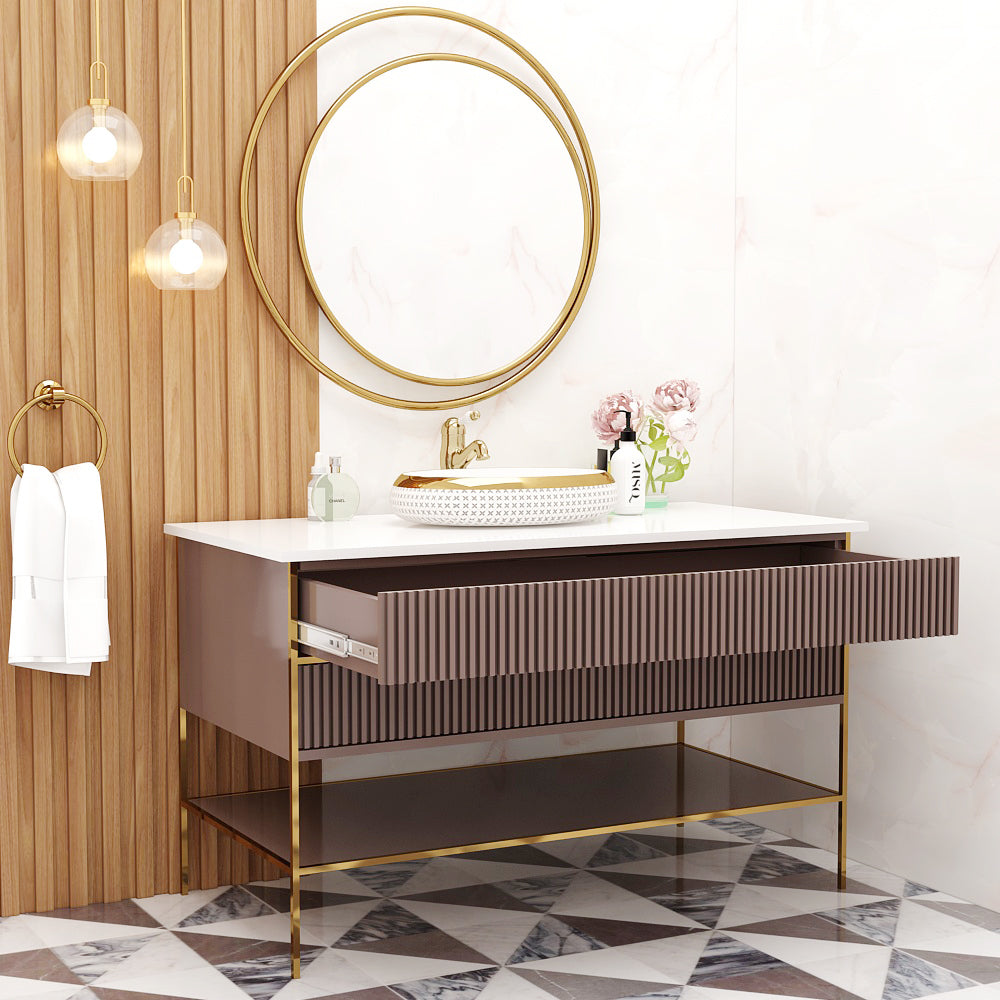 Modern Floor-Standing Vanity with Corian Top – Dusty Pink & Navy Blue | 2 Drawers, Open Shelf, Water-Resistant, MS Legs – Compact Home Vanity - Z2034