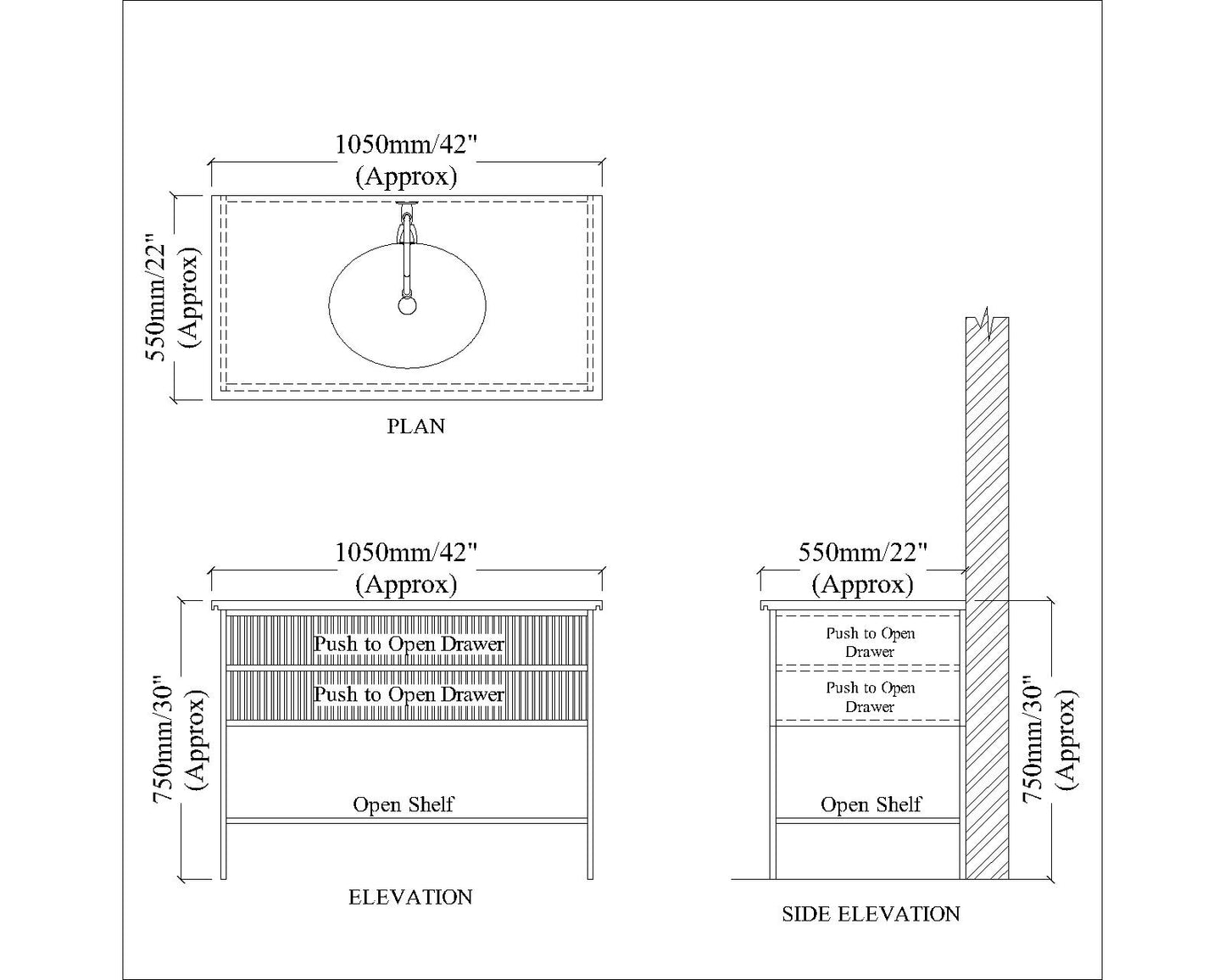 Modern Floor-Standing Vanity with Corian Top – Dusty Pink & Navy Blue | 2 Drawers, Open Shelf, Water-Resistant, MS Legs – Compact Home Vanity - Z2034