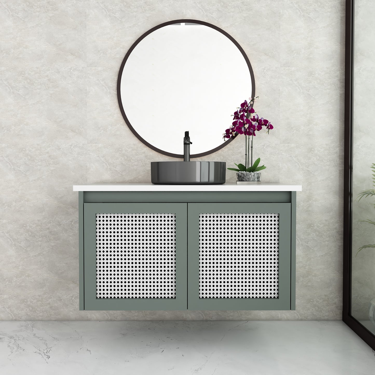 Stylish Wall-Mounted Vanity with Corian Top & Cane Shutters | Water-Resistant | Green & Purple Finish - Z2038