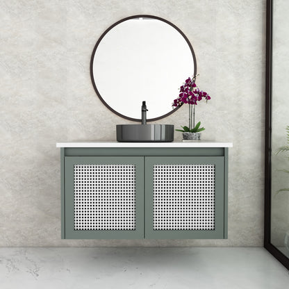 Stylish Wall-Mounted Vanity with Corian Top & Cane Shutters | Water-Resistant | Green & Purple Finish - Z2038