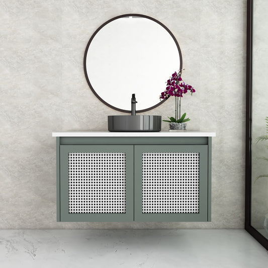 Stylish Wall-Mounted Vanity with Corian Top & Cane Shutters | Water-Resistant | Green & Purple Finish - Z2038