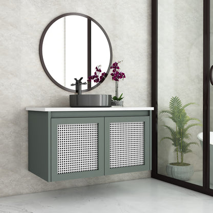 Stylish Wall-Mounted Vanity with Corian Top & Cane Shutters | Water-Resistant | Green & Purple Finish - Z2038