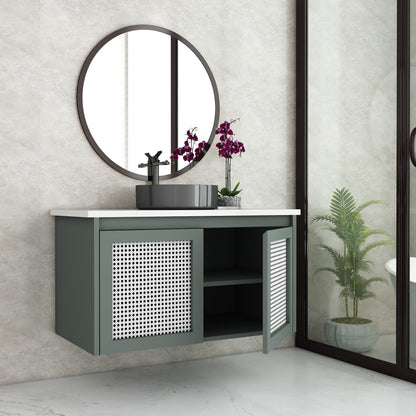 Stylish Wall-Mounted Vanity with Corian Top & Cane Shutters | Water-Resistant | Green & Purple Finish - Z2038