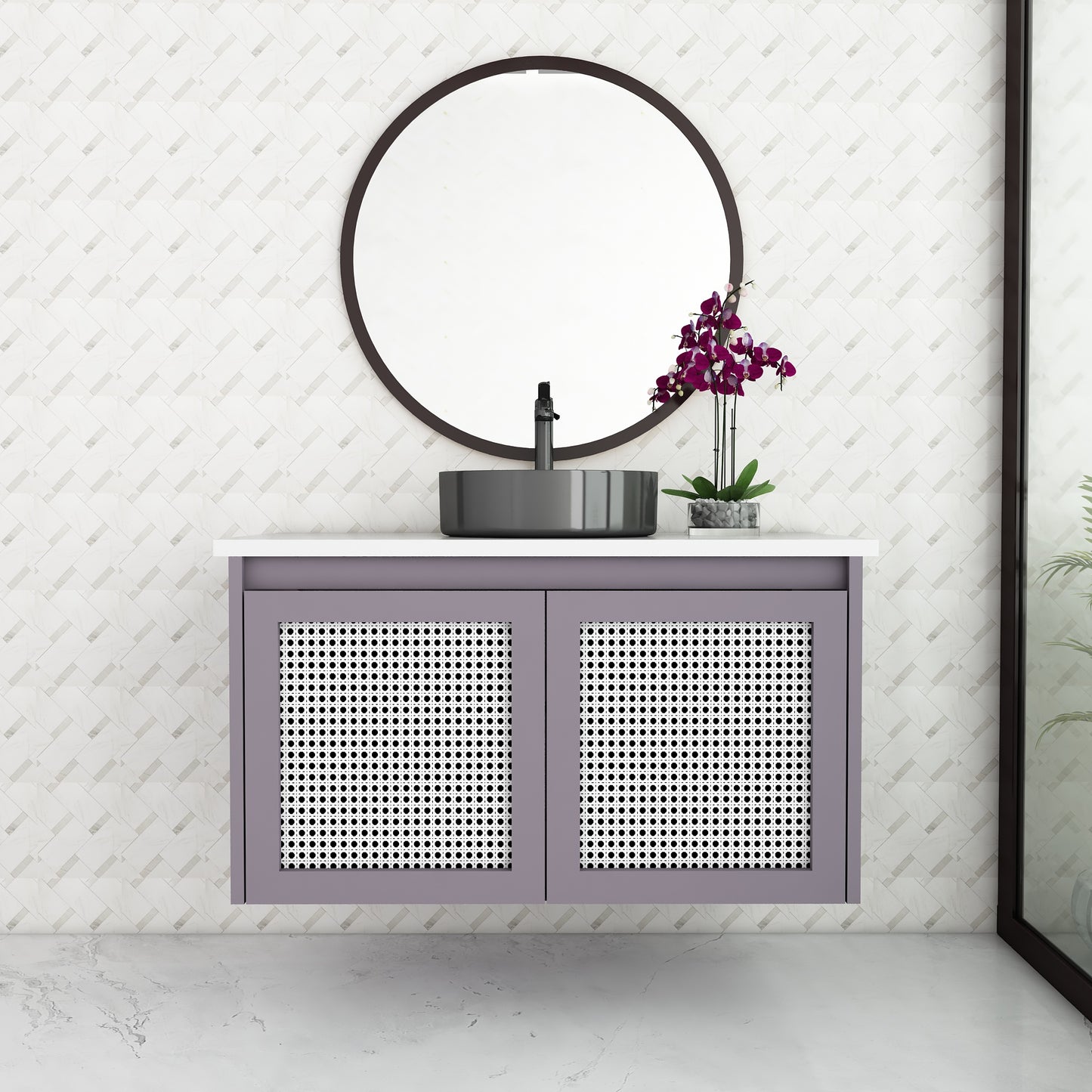Stylish Wall-Mounted Vanity with Corian Top & Cane Shutters | Water-Resistant | Green & Purple Finish - Z2038