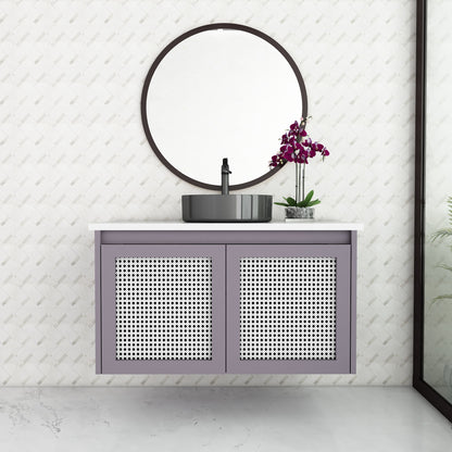 Stylish Wall-Mounted Vanity with Corian Top & Cane Shutters | Water-Resistant | Green & Purple Finish - Z2038