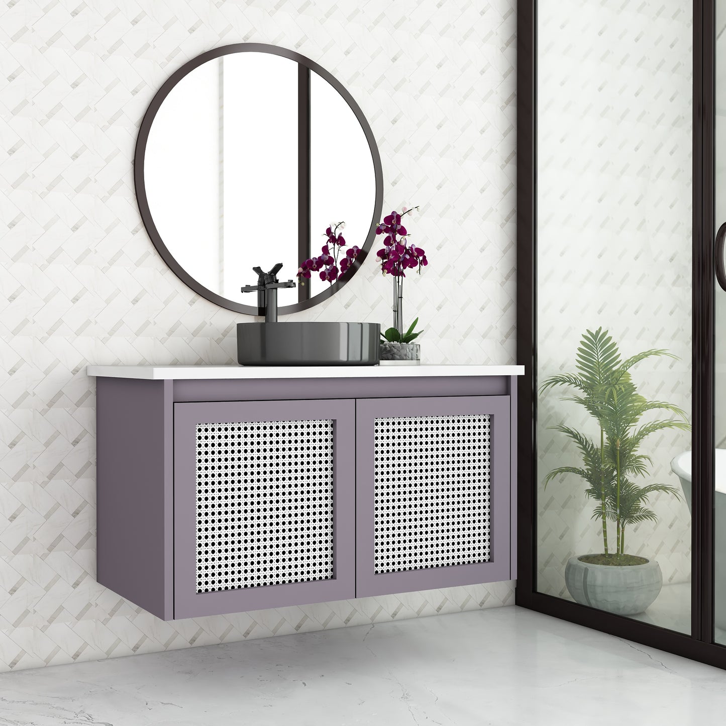 Stylish Wall-Mounted Vanity with Corian Top & Cane Shutters | Water-Resistant | Green & Purple Finish - Z2038