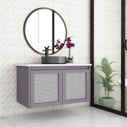 Stylish Wall-Mounted Vanity with Corian Top & Cane Shutters | Water-Resistant | Green & Purple Finish - Z2038