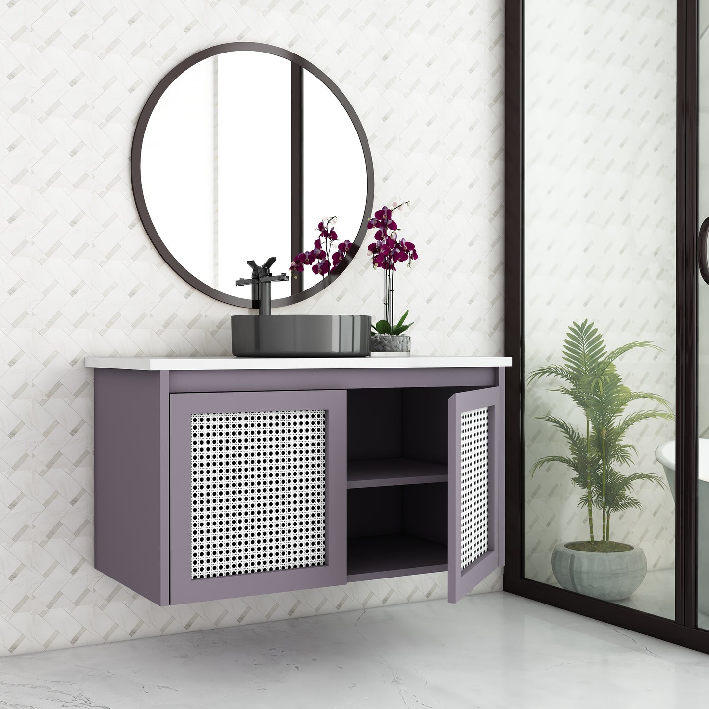 Stylish Wall-Mounted Vanity with Corian Top & Cane Shutters | Water-Resistant | Green & Purple Finish - Z2038