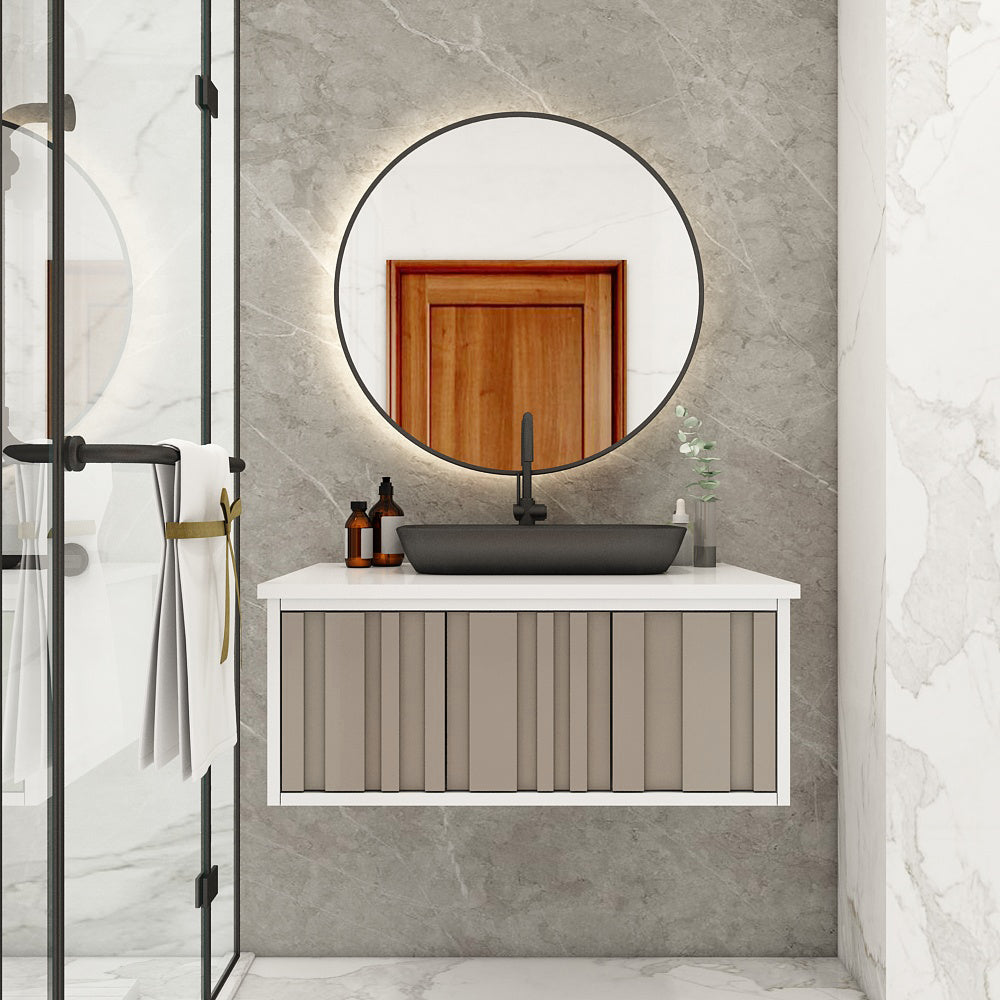 Modern Wall-Mounted Vanity with Corian Top – Water-Resistant HDHMR Drawer Unit for Home (Sand, Grey, Black) - Z2041