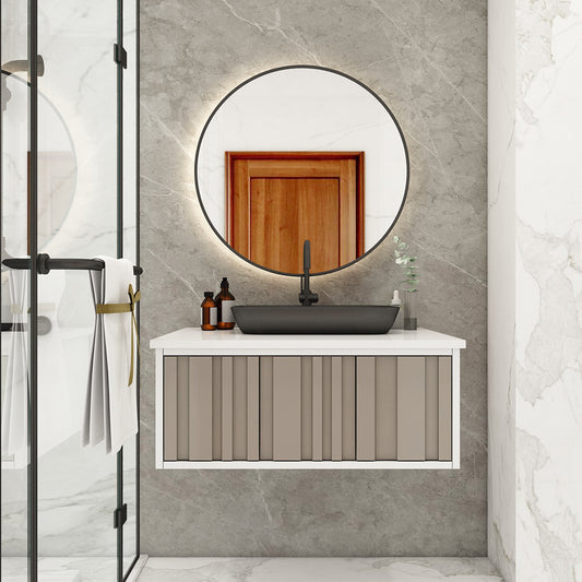 Modern Wall-Mounted Vanity with Corian Top – Water-Resistant HDHMR Drawer Unit for Home (Sand, Grey, Black) - Z2041