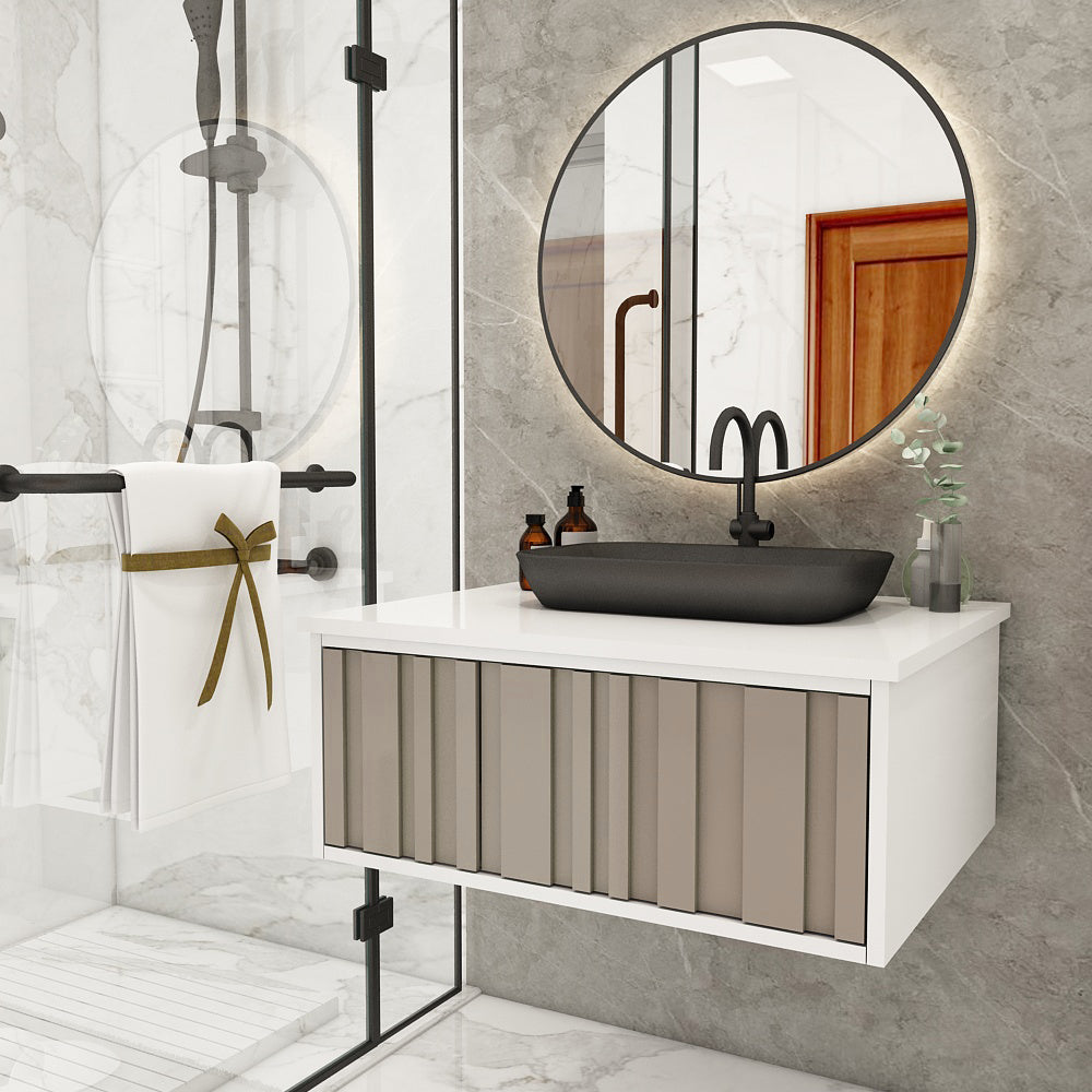 Modern Wall-Mounted Vanity with Corian Top – Water-Resistant HDHMR Drawer Unit for Home (Sand, Grey, Black) - Z2041