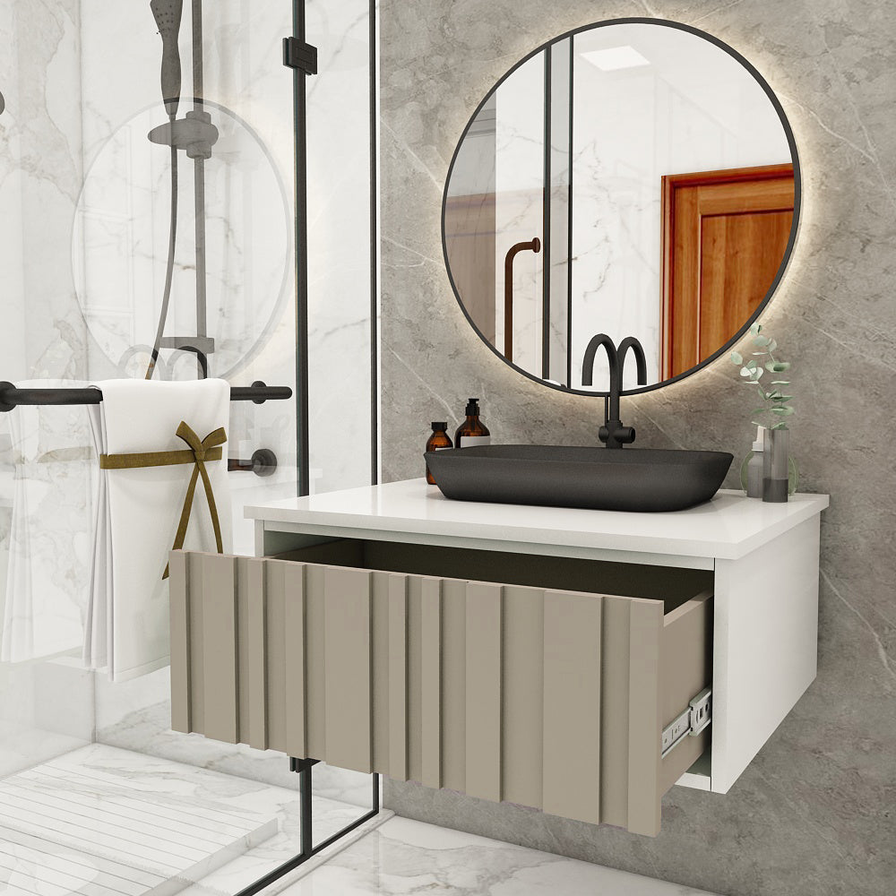 Modern Wall-Mounted Vanity with Corian Top – Water-Resistant HDHMR Drawer Unit for Home (Sand, Grey, Black) - Z2041