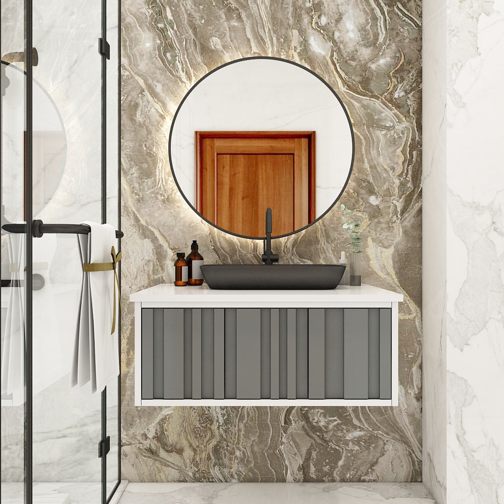 Modern Wall-Mounted Vanity with Corian Top – Water-Resistant HDHMR Drawer Unit for Home (Sand, Grey, Black) - Z2041