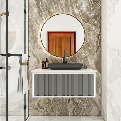 Modern Wall-Mounted Vanity with Corian Top – Water-Resistant HDHMR Drawer Unit for Home (Sand, Grey, Black) - Z2041