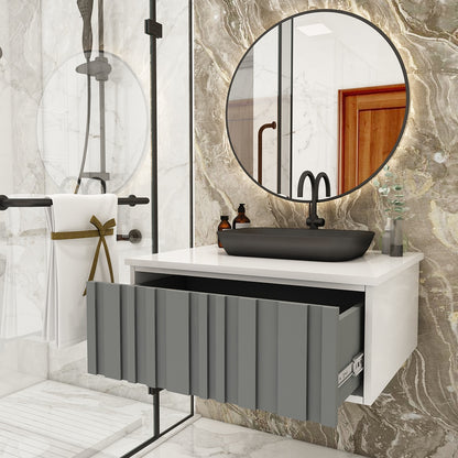 Modern Wall-Mounted Vanity with Corian Top – Water-Resistant HDHMR Drawer Unit for Home (Sand, Grey, Black) - Z2041