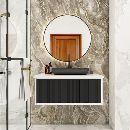 Modern Wall-Mounted Vanity with Corian Top – Water-Resistant HDHMR Drawer Unit for Home (Sand, Grey, Black) - Z2041