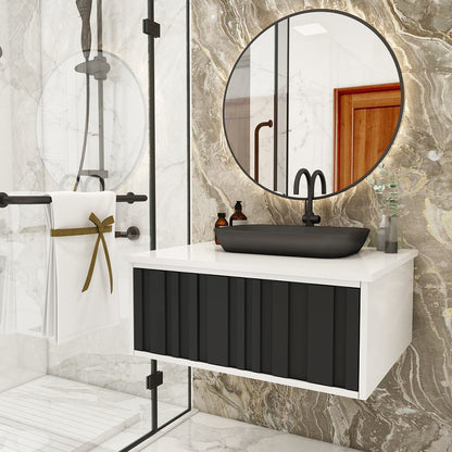 Modern Wall-Mounted Vanity with Corian Top – Water-Resistant HDHMR Drawer Unit for Home (Sand, Grey, Black) - Z2041