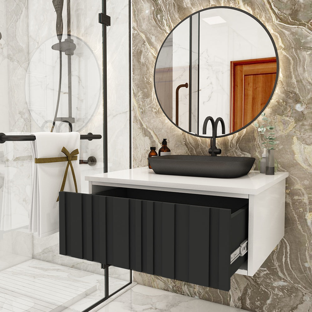 Modern Wall-Mounted Vanity with Corian Top – Water-Resistant HDHMR Drawer Unit for Home (Sand, Grey, Black) - Z2041