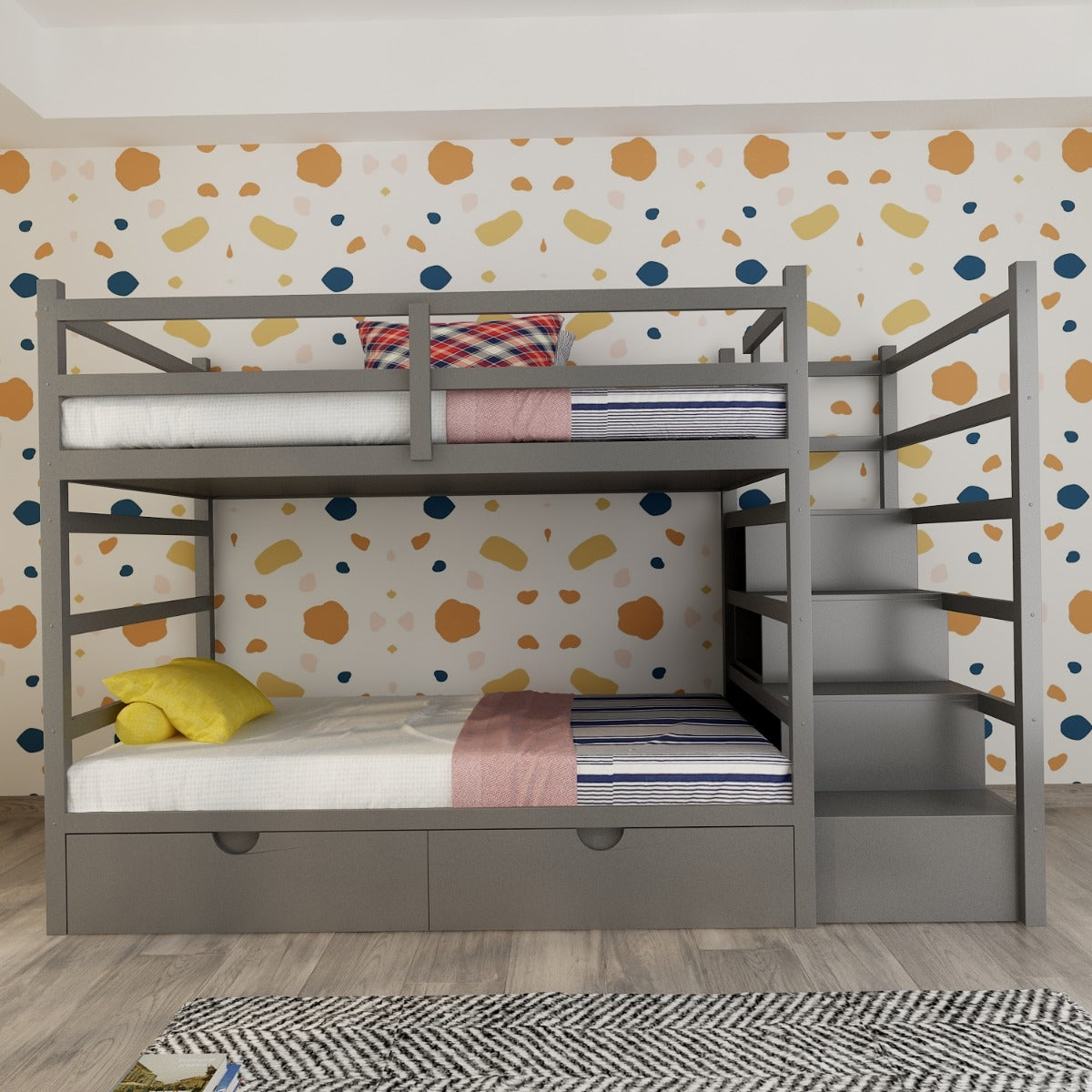 Bunk bed, bunk bed with steps in grey ,wooden bars on sides, storage drawers and open shelves, Bed-IM- 3014