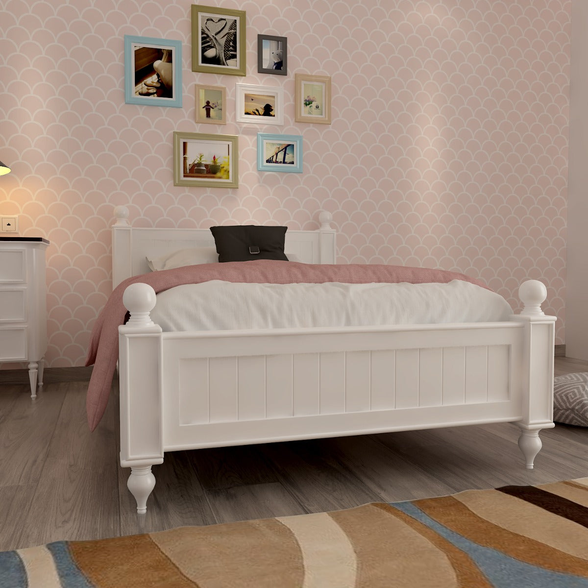 Kids bed, Children  bed, single bed , white  bed ,Single bed, 4x6 ft  bed, white color headboard with wooden legs , Bed-EL- 4001