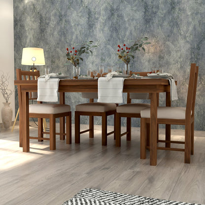 6-Seater Dining Set with Rectangular Solid Wood Dining Table and Beige Suede Fabric Chairs - VI751