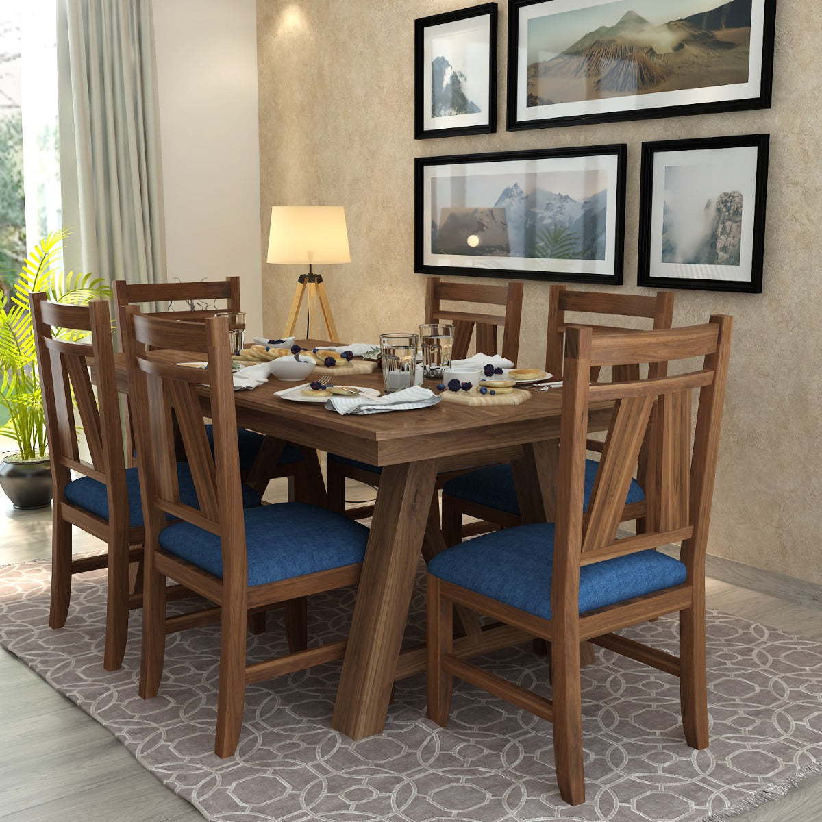 6-Seater Dining Set with Rectangular Solid Wood Dining Table and Blue Suede Fabric Chairs - VI754