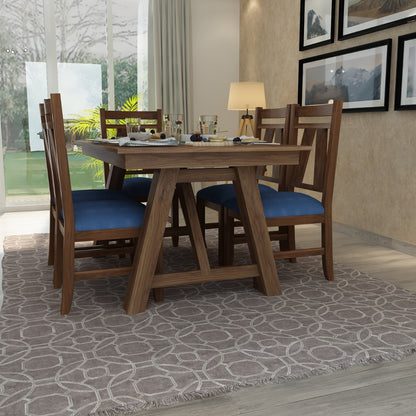 6-Seater Dining Set with Rectangular Solid Wood Dining Table and Blue Suede Fabric Chairs - VI754