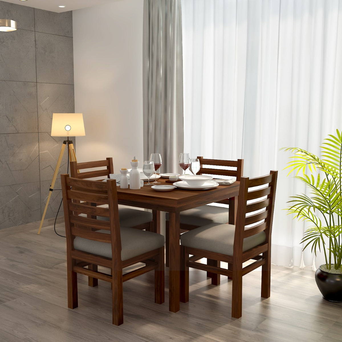 Dining Set with 4 Chairs and Square Solid Wood Dining Table with Polish and Grey Suede Fabric Chairs - IM652