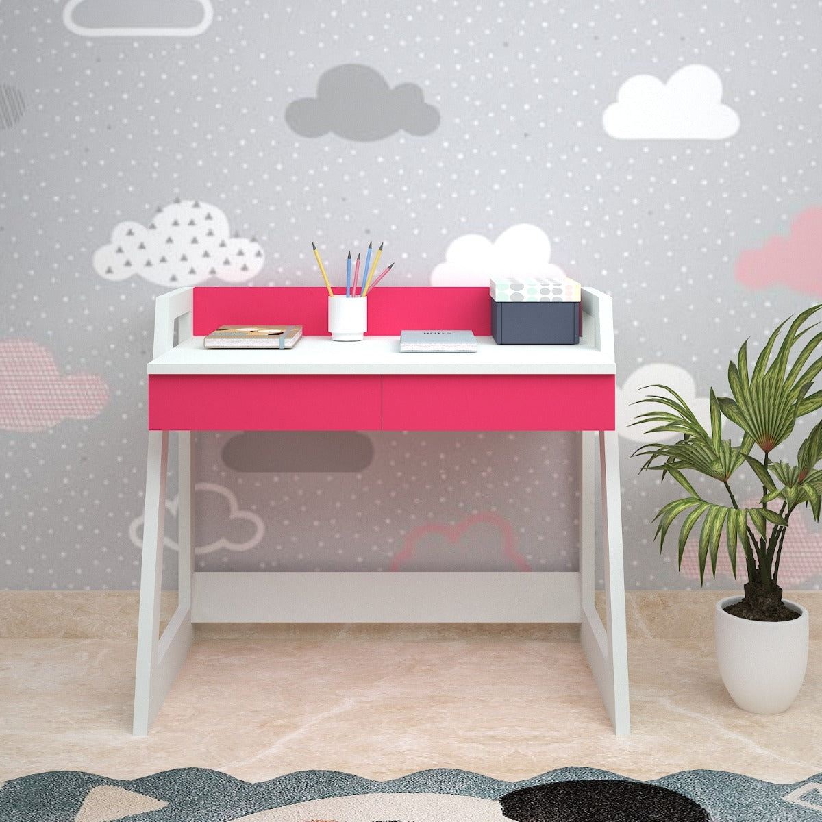 Kids Study Table, White & Pink Color Study Table, Study Table with Drawer, Study Table - EL - 12009