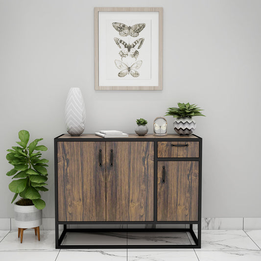 Office Cabinet, Solid Wood Office Cabinet, Dark Brown Color Office Cabinet, Office Cabinet with Black Metal legs, Office Cabinet with Shutter, Office Cabinet with Drawer,Office Cabinet- EL- 10036