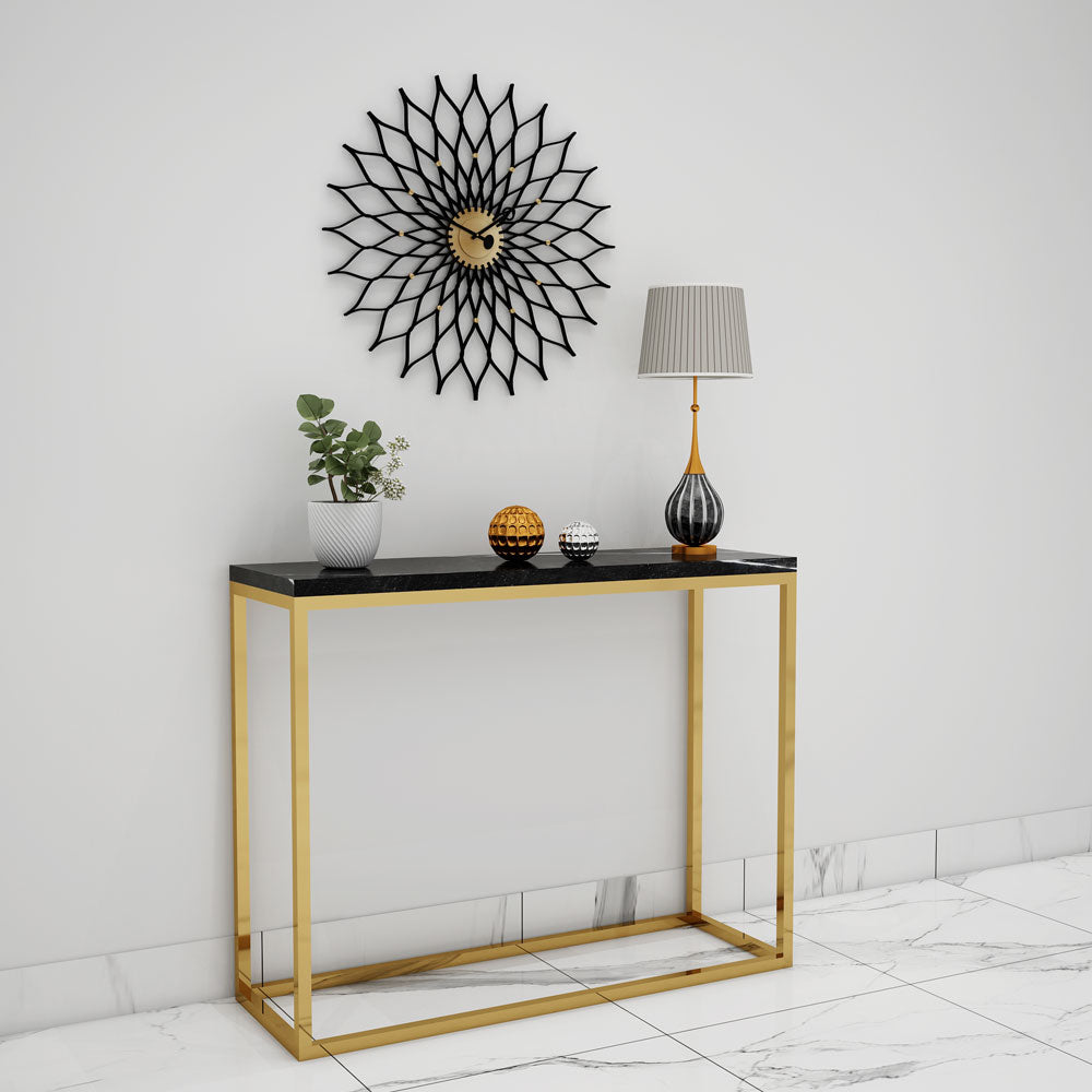 Console Table, Console Table Top with Black PVC Acrylic Satvario Finish, Console Table with Gold MS Leg, Console Table - EL- 12076