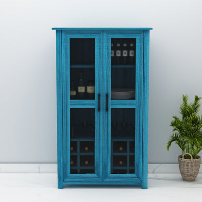 Bar Cabinet, Solid Wood Bar Cabinet, Bar Cabinet With Shelf, Blue Color Bar Cabinet, Bar Cabinet With Wood & Glass Shutter, Bar Cabinet- EL- 10044