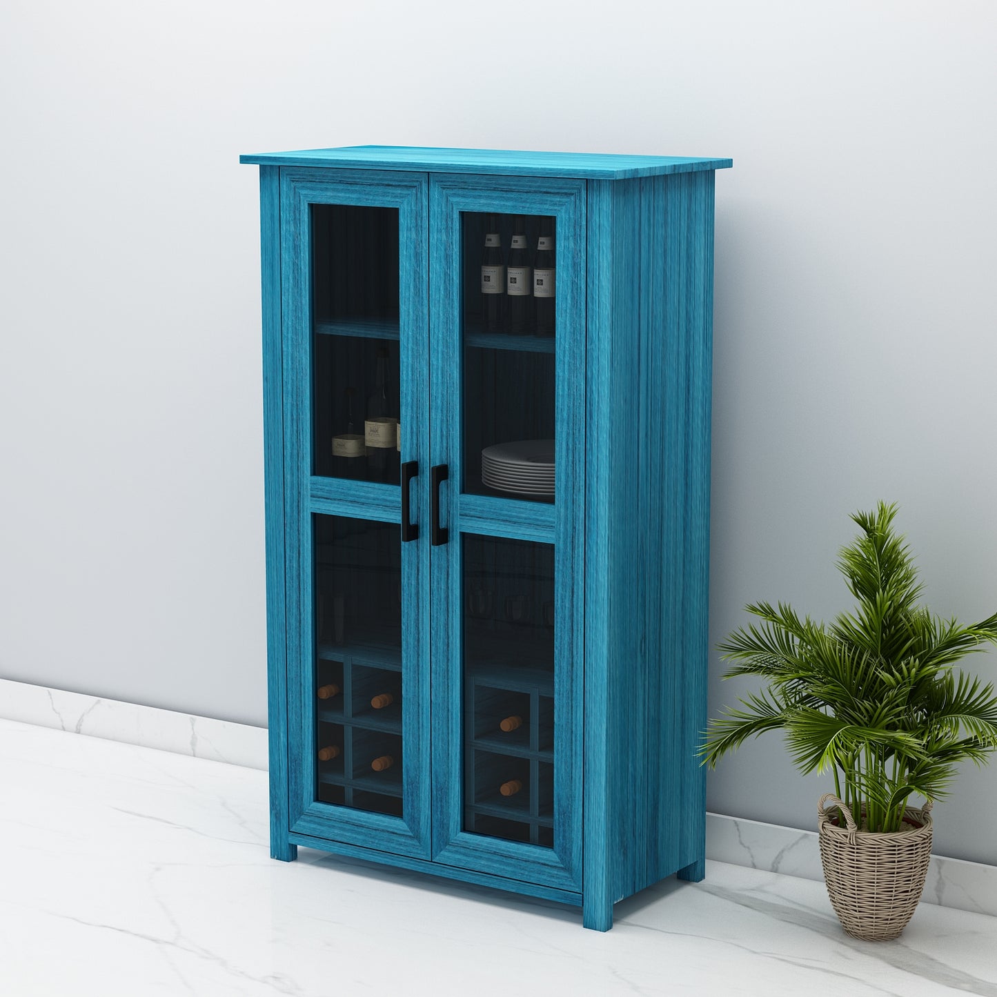 Bar Cabinet, Solid Wood Bar Cabinet, Bar Cabinet With Shelf, Blue Color Bar Cabinet, Bar Cabinet With Wood & Glass Shutter, Bar Cabinet- EL- 10044